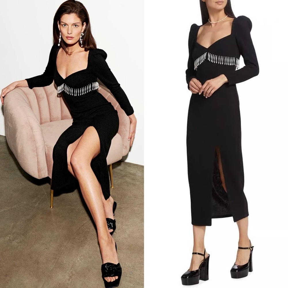 SAYLOR Pearl Bead Fringe Knit Sweetheart Neck Long Sleeve Wedding Guest Dress‎ M